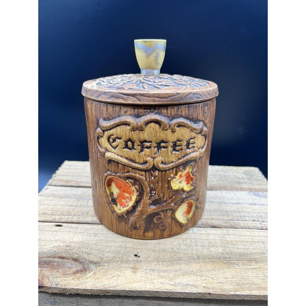 Vintage Treasure Craft Coffee Canister Wood Grain Tree Orange Glaze Leaf Fruit